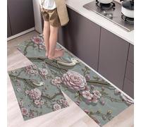 DUOTCYELE Camellia Bird Kitchen Rugs Sets of 2 Non Slip English Country Style Kitchens Mats for Floor Washable Kitchen Runner Rug Carpet 45x75cm+45x150cm Standing Mats for Office Home Decor, Grey
