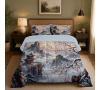DUOTCYELE Cloudy Mountains Plum Blossoms Coverless Duvet Double 200x200cm | Reversible Chinese Art Comforter for All Year Round, Cosy Lightweight Coverless Duvet Quilt for Bedroom, Machine Washable