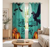 DUOTCYELE Crows Full Moon Pumpkins Blackout Curtains | Dark Halloween Blackout Curtains for Living Room, Blue-Green Curtain 90 Inch 2 Panels Set, Grommet Top Drapes for Party W66 x L90 Inch
