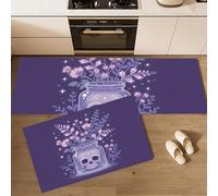 DUOTCYELE Flowers Skulls Kitchen Rugs and Mats Non Skid Washable Set of 2, Dark Gothic Style Kitchens Mats for Floor, Purple Kitchen Runner Rug Decor, 40x60cm+40x120cm