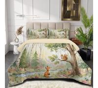 DUOTCYELE Fox Squirrel Forest Coverless Duvet Double 200x200cm | Reversible Washable Fresh Watercolor Fairy Tale Coverless Duvet Soft Comfy Microfibre for Seasons Quilts with 2 Pillowcase, Mint Green