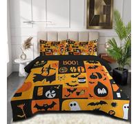 DUOTCYELE Ghosts Pumpkins Bats Single Duvet Coverless 140x200cm | Retro Collage Art Soft Warm Coverless Duvet, Orange Bed Quilt for All Seasons - 1 Soft Washable Comforter Bedding with 2 Pillowcases
