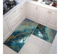 DUOTCYELE Gold Lines Marble Kitchen Rug Set 2 Pieces Non Slip and Anti Fatigue Mat Set, Washable Minimalist Kitchen Floor Mat, Turquoise Standing Mats for Office Home Decoration 50x80cm+50x150cm
