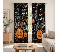 DUOTCYELE Haunted House Pumpkins Bats Blackout Curtains | Hand-Drawn Graffiti Style Blackout Curtains for Living Room, Black Curtain 54 Inch 2 Panels Set, Grommet Top Drapes for Party W46 x L54 Inch