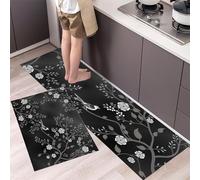DUOTCYELE Kitchen Rugs Runner Set of 2 Floral Branches Birds Kitchen Floor Mat for Home Decoration Office Waterproof Non Slip Retro Chinese Art Rug Set Comfort Standing Mats 40x60cm+40x120cm, Black