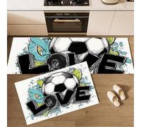 DUOTCYELE Kitchen Rugs Runner Set of 2 Love Football Kitchen Floor Mat for Home Decoration Office Waterproof Non Slip Modern Graffiti Art Rug Set Comfort Standing Mats 50x80cm+50x150cm, Green