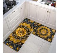 DUOTCYELE Kitchen Rugs Runner Set of 2 Yellow Geometric Mandala Kitchen Floor Mat for Home Decoration Office Waterproof Non Slip Retro Gorgeous Rug Set Comfort Standing Mats 45x75cm+45x150cm, Yellow