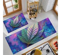 DUOTCYELE Neon Leaves Kitchen Rugs Runner Set of 2, Psychedelic Plants Kitchen Floor Mat for Home Decor Office Waterproof Non Slip Rug Set Comfort Standing Mats 45x75cm+45x150cm