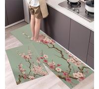 DUOTCYELE Pink Cherry Blossom Branches Kitchen Rugs and Mats Non Skid Washable Set of 2, New Chinese Style Kitchens Mats for Floor, Light Green Kitchen Runner Rug Decor, 40x60cm+40x120cm