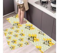 DUOTCYELE Polka Dots Tulips Kitchen Rug 2 Piece Set, Non-slip Absorbent and Washable Runner Rug, Fresh Spring Flowers Kitchen Floor Mat for Home, Sink, Laundry 40x60cm+40x120cm