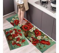 DUOTCYELE Poppy White Daisy Kitchen Rug 2 Piece Set, Non-slip Absorbent and Washable Runner Rug, Vintage Flower Kitchen Floor Mat for Home, Sink, Laundry 50x80cm+50x150cm