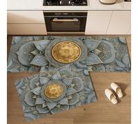 DUOTCYELE Relief Mandala Flowers Kitchen Rug Sets 2 Piece 3D Sculpture Art Kitchen Mats Non Slip Washable Runners Floor Mat Gray-Green for Kitchens Laundry Room Hallway 50x80cm+50x150cm