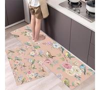 DUOTCYELE Roses Birds Kitchen Mat Sets Non Slip Washable, Fresh Watercolor Kitchen Rugs Runner Set of 2 Anti Fatigue Kitchens Floor Mat for Home Decor Office Standing Desk 40x60cm+40x120cm
