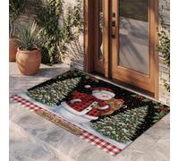 DUOTCYELE Rustic Retro Style Door Mats 80 x 120 cm | Non Slip Snowman Plaid Scarf Christmas Tree Indoor Door Mat Washable Low Profile Dirt Trapper Doormat Front Entryway Floor Inside, Bright Red