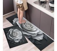DUOTCYELE Vintage White Rose Kitchen Rugs and Mats Non Skid Washable Set of 2, 3D Relief Kitchens Mats for Floor, Gray Kitchen Runner Rug Decor, 40x60cm+40x120cm