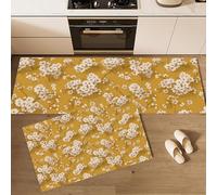 DUOTCYELE White Cherry Blossoms Kitchen Rugs and Mats Non Skid Washable Set of 2, French Vintage Floral Patterns Kitchens Mats for Floor, Ginger Yellow Kitchen Runner Rug Decor, 40x60cm+40x120cm