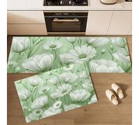 DUOTCYELE White Poppy Kitchen Rug Set 2 Pieces Non Slip and Anti Fatigue Mat Set, Washable Fresh Flowers Kitchen Floor Mat, Green Standing Mats for Office Home Decoration 40x60cm+40x120cm