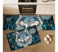DUOTCYELE Wolf Head Mandala Kitchen Rug Sets 2 Piece Psychedelic Art Kitchen Mats Non Slip Washable Runners Floor Mat Turquoise for Kitchens Laundry Room Hallway 40x60cm+40x120cm
