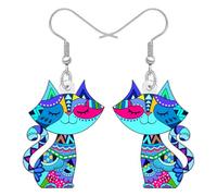 DUOWEI Acrylic Colorful Boho Cat Dangle Earrings Cute Animal Pets Kitten Design Bohemian Jewellery Accessories Gifts For Women Mom Cat Lovers Charms (Blue)