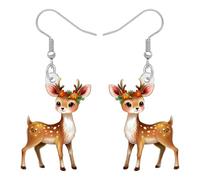 DUOWEI Acrylic Cute Reindeer Deer Dangle Earrings Gifts for Women Woodland Animals Lovers, Holly and Floral Decorations Festive Holiday Fawn Jewellery (Beige)