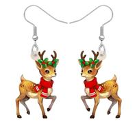 DUOWEI Acrylic Cute Reindeer Deer Dangle Earrings Gifts for Women Woodland Animals Lovers, Holly and Floral Decorations Festive Holiday Fawn Jewellery (Brown)