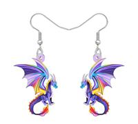 DUOWEI Acrylic Fantasy Dragon Dangle Earrings Cute Dinosaur Dino Creative Mythical Design Medieval Animal Unique Jewellery Dragon Gifts For Women Mom Charms (Violet)