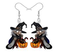 DUOWEI Acrylic Halloween Mystery Witch Dangle Earrings Weird Gifts for Women, Horror Witchy Witch Hat Pumpkin Design, Spooky Holiday Costume Jewellery Accessories (Black)