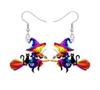 DUOWEI Acrylic Spooky Halloween Witch and Black Cat Dangle Earrings Weird Gifts for Women, Mystery Magic Broom Witch Hat Design, Holiday Costume Jewellery Accessories (Colorful)