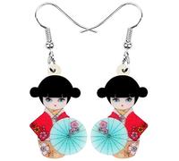DUOWEI Cute Anime Kimono Dolls Acrylic Earrings Dangle Jewelry Gifts for Women Girls Teens Lovers (Cherry)