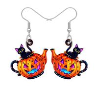 DUOWEI Cute Halloween Pumpkin Black Cat Acrylic Dangle Earrings Gifts for Women Cat Lovers, Spooky Jack O Lantern Design, Halloween Costume Jewellery Holiday Accessories (Orange)