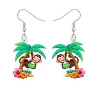 DUOWEI Cute Monkey Dangle Earrings Acrylic Hawaiian Style Design Unique Tropical Flower Palm Tree Coconut Drinks Summer Jewellery Beach Gifts For Women Animal Lovers (Green)