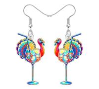 DUOWEI Cute Thanksgiving Turkey Cocktail Glass Dangle Fall Earrings Chicken Gifts for Women, Wine Glass Design, Fun Autumn Holiday Outfits Jewellery Accessories (Colorful)