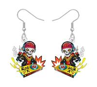 DUOWEI Funny 70s 80s Skull DJ Dangle Earrings, Acrylic Music Theme Design, Colorful Rock Style Unique Halloween Punk Jewellery Gifts for Women Music Lovers Disc Player Outfit (Multicolour)