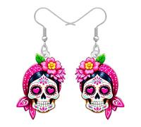 DUOWEI Spooky Day of the Dead Sugar Skull Dangle Earrings Halloween Gifts for Women, Mexican Folk Art Style, Halloween Costume Weird Jewellery Accessories (Pink)