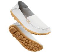 DUOYANGJIASHA Women's Comfortable Leather Loafers Casual Round Toe Moccasins Wild Driving Flats Soft Walking Shoes Women Slip On, White, 5.5 UK