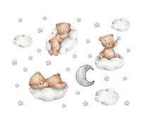 duoyif Wall Sticker Teddy Bear on Clouds with Stars & Moon, Whimsical Style, Brown & Grey, PVC Material, Waterproof, Ideal for Walls, Baby & Toddler Room Decor