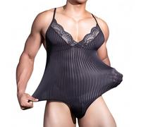 DUOYIJIN Men's Sleeveless Leotard Bodysuit with Lace Trim See Through Striped One Piece Jumpsuits Undershirt Mens Lingerie Bodysuits Sheer Mesh Wrestling Singlet Party Clubwear Nightwear, Black