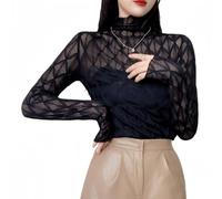 DUOYIJIN Sheer Rhombus Print Mesh Top for Women, Sexy See Through Rhombic Pattern Long Sleeve Top Ruffled Mock Neck Mesh Lace T-shirt Slim Fit Basic Shirt Blouse Casual Going Out Tops (Black-L)