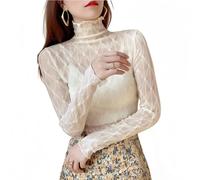 DUOYIJIN Sheer Rhombus Print Mesh Top for Women, Sexy See Through Rhombic Pattern Long Sleeve Top Ruffled Mock Neck Mesh Lace T-shirt Slim Fit Basic Shirt Blouse Casual Going Out Tops (Beige-XL)