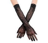 DUOYIJIN Women Long Fishnet Gloves with Rhinestones Glitter Gloves Black
