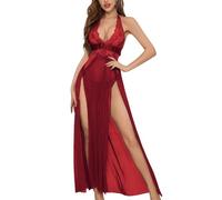 DUOYIJIN Women’s Sexy Floral Lace Mesh Lingerie Set Halter Deep V Neck Chemise Nighties Split Long Nightdresses See Through Sleeveless Nightwear with Lace Thong, Burgundy/L