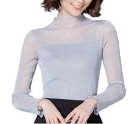 DUOYIJIN Women Shiny Sheer Long Sleeve Top, Sexy See Through Ruffled Mock Neck Mesh T-shirt Glitter Lace Blouse with Lined Slim Fitted Basic Shirt Undershirt Going Out Clubwear Party Top