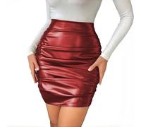 DUOYIJIN Women's PU Leather Mini Pencil Skirts Metallic Shiny Ruched Bodycon Skirts Wet Look High Waist Pencil Party Skirt Sexy Short Office Nightclub Party Outfits, Burgundy/L