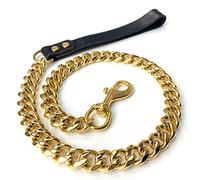 DUPFY Gold Chain Leash for Large Dogs Metal Chew Proof 19 mm Heavy Duty Fully Welded Stainless Steel Pet Leash Chain with Leather Padded Handle