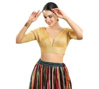 Dupion Silk Solid Non Padded Saree Blouse Top V-Neck Short Sleeves Hook and Eye Closure and Tie-Up Back Choli Gold