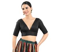 Dupion Silk Solid Non Padded Saree Blouse Top V-Neck Short Sleeves Hook and Eye Closure and Tie-Up Back Choli Black