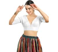 Dupion Silk Solid Non Padded Saree Blouse Top V-Neck Short Sleeves Hook and Eye Closure and Tie-Up Back Choli White