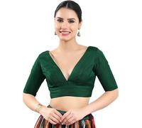 Dupion Silk Solid Non Padded Saree Blouse Top V-Neck Short Sleeves Hook and Eye Closure and Tie-Up Back Choli Green