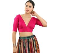 Dupion Silk Solid Non Padded Saree Blouse Top V-Neck Short Sleeves Hook and Eye Closure and Tie-Up Back Choli Pink