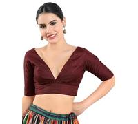 Dupion Silk Solid Non Padded Saree Blouse Top V-Neck Short Sleeves Hook and Eye Closure and Tie-Up Back Choli Dark Maroon